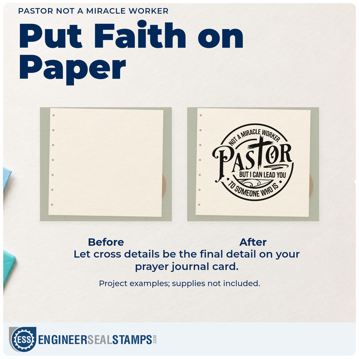 Before and after of a plain item finished with the Pastor Not A Miracle Worker PSI Pre-Inked Stamp, a quick upgrade for coffee mug bands.