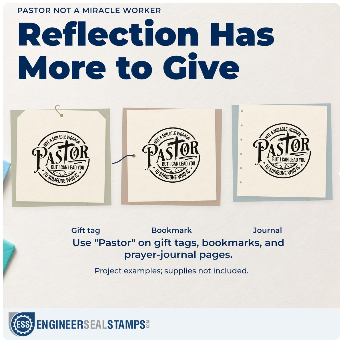 Three project examples made with the Pastor Not A Miracle Worker Hand Stamp – Duo, including study door signs.