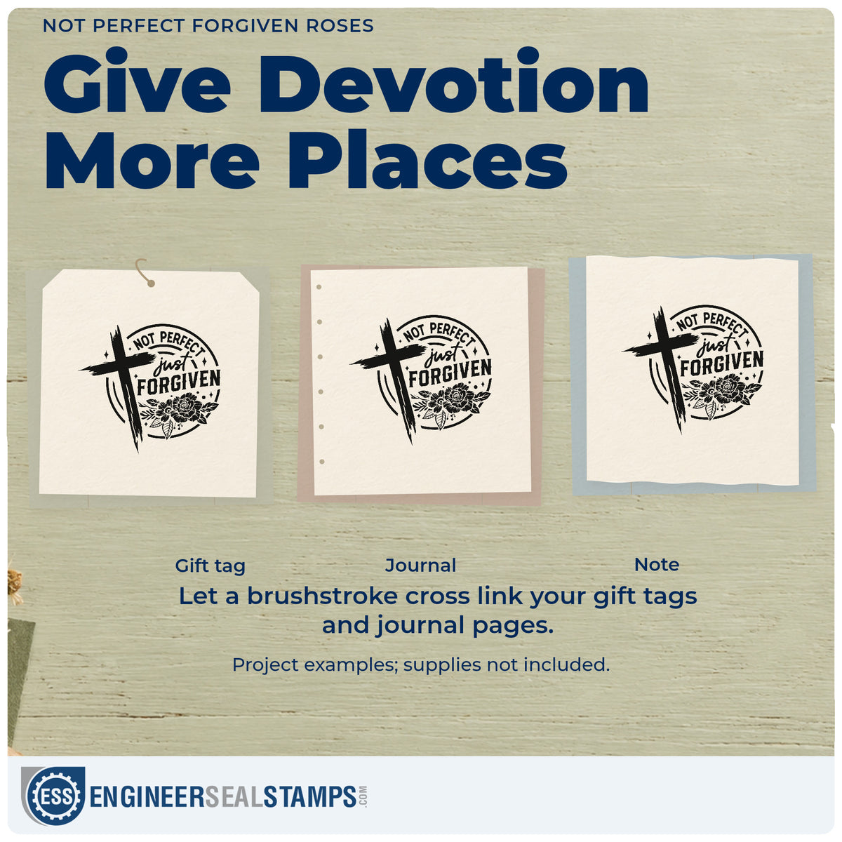 Three project examples made with the Not Perfect Forgiven Roses Brushstroke Cross Wood Handle Stamp, including imperfect craft seals.