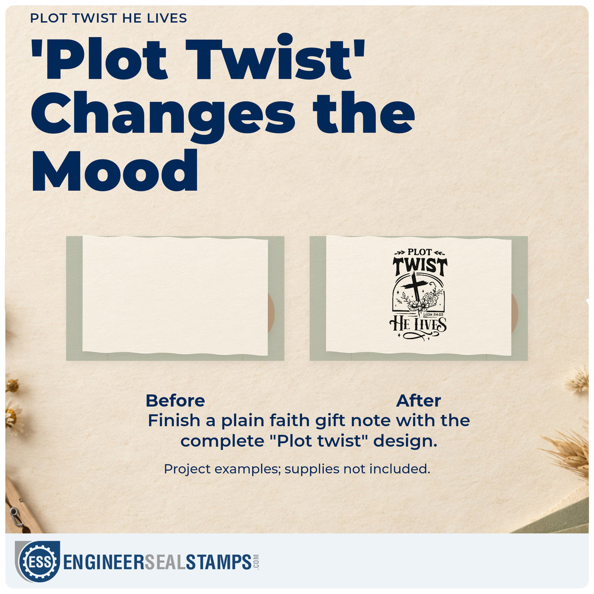 Before and after of a plain item finished with the Plot Twist He Lives Pre-Inked Stamp – Slim, a quick upgrade for second chance notes.