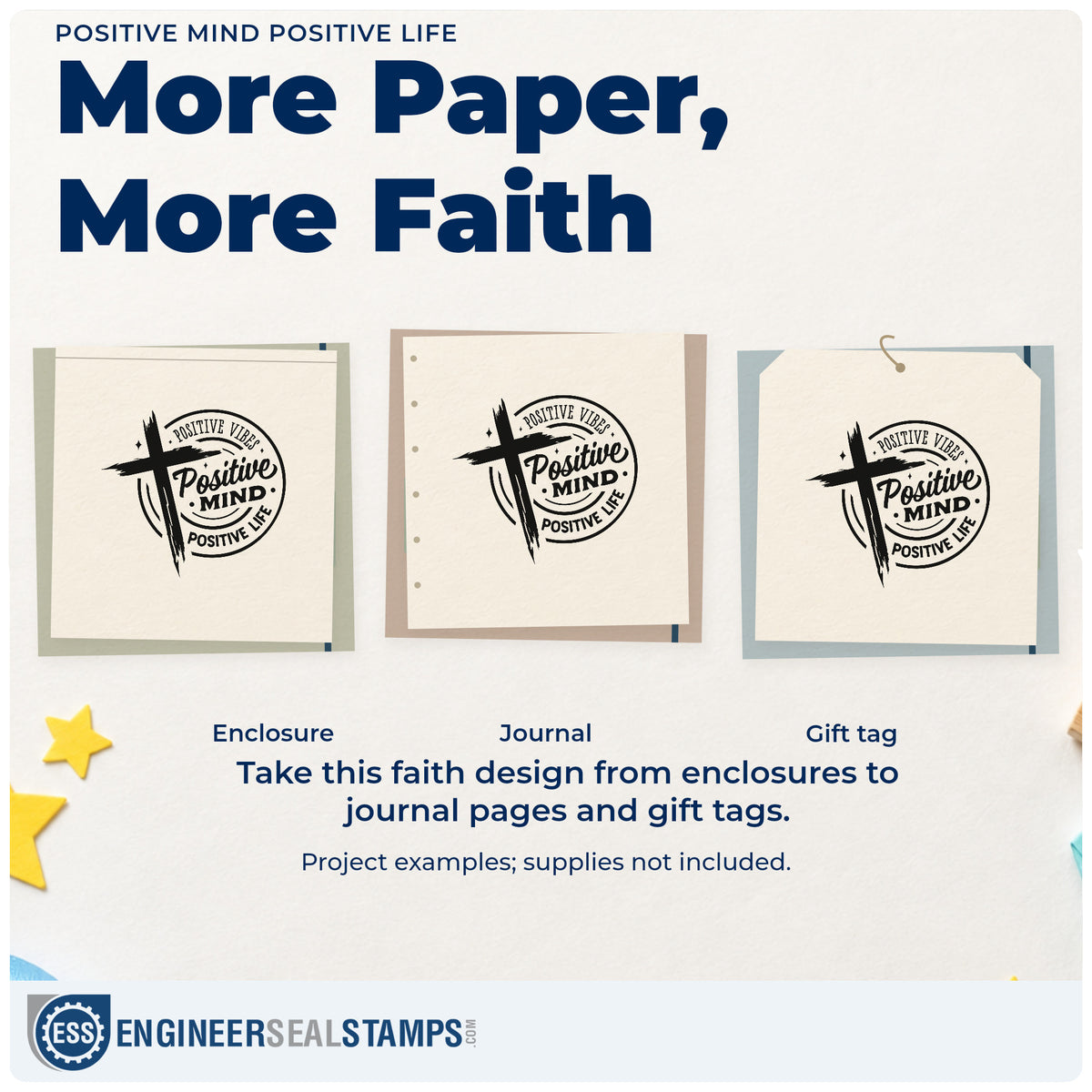 Three project examples made with the Positive Mind Positive Life Stamp – Wood Handle, including smoothie jar labels.