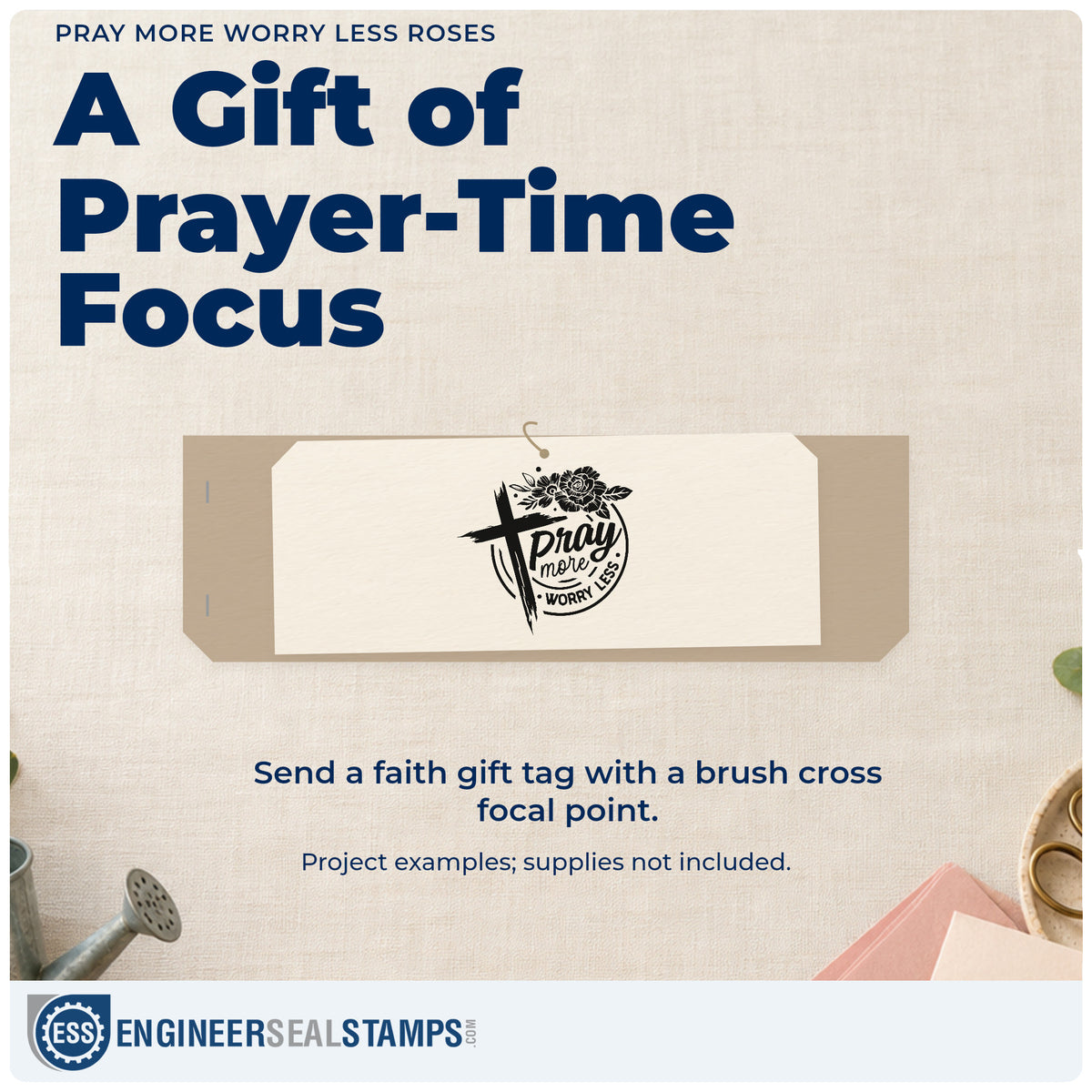 A finished handmade project stamped with the Pray More Worry Less Roses Stamp – Self-Inking, ideal for prayer box tags.