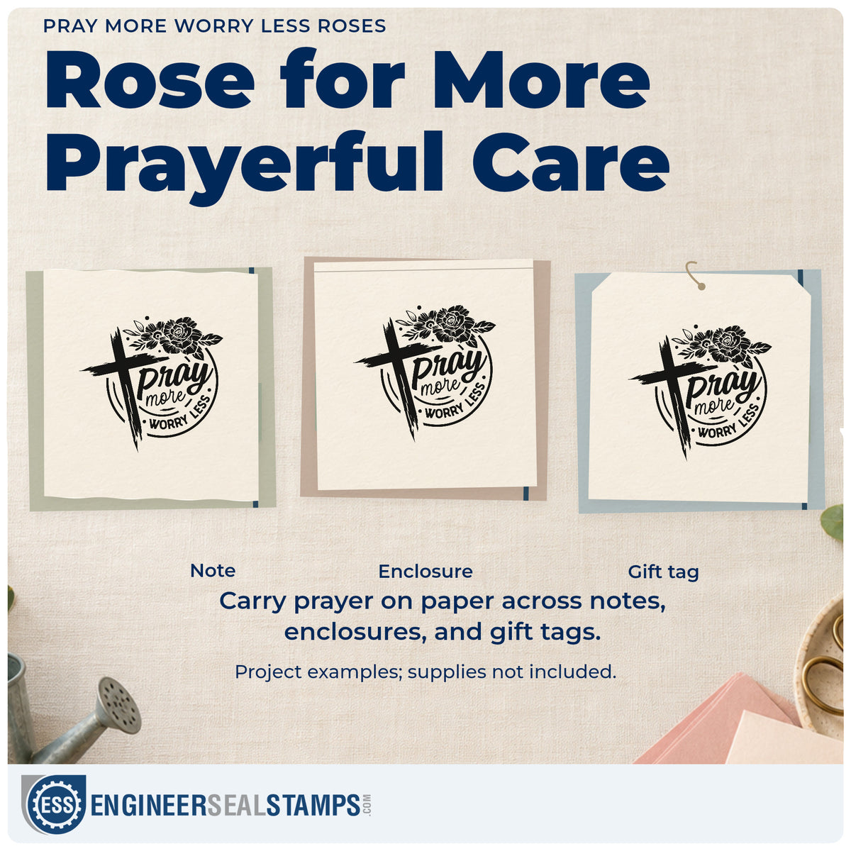 Three project examples made with the Pray More Worry Less Roses Stamp – Self-Inking, including rosary pouch labels.