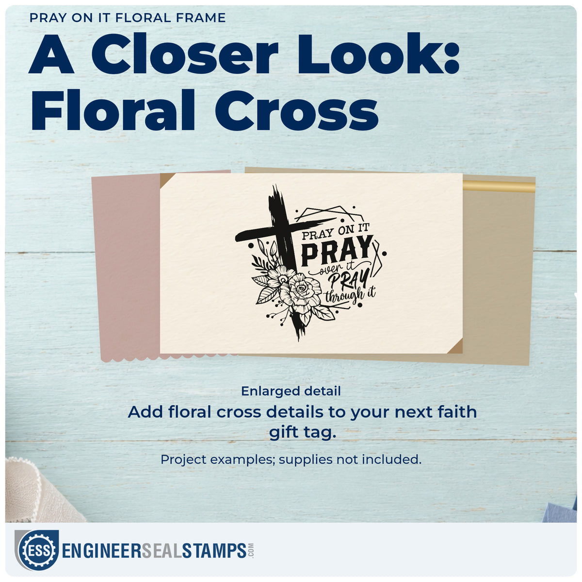 Enlarged detail of the Slim Pre-Inked Pray On It Floral Framed Lettering Stamp imprint. A cross, outlined flowers, and geometric frame accompany "Pray on it, pray over it, pray through it."