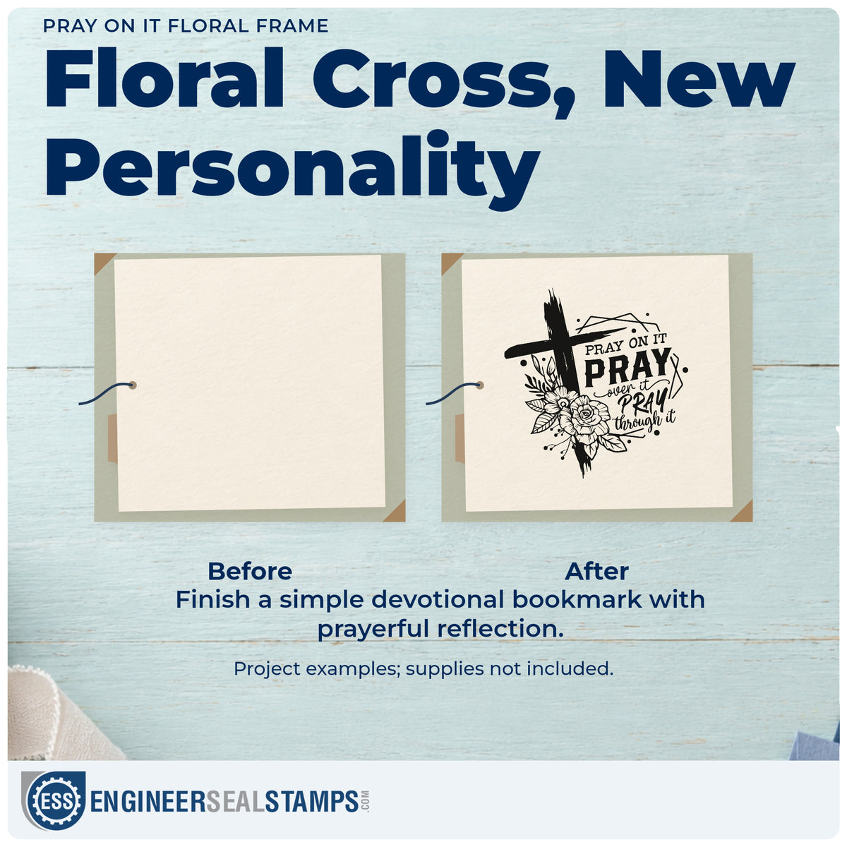 Before and after of a plain item finished with the Pray On It Floral Framed Lettering Rubber Stamp – Duo Hand, a quick upgrade for candle shelf labels.