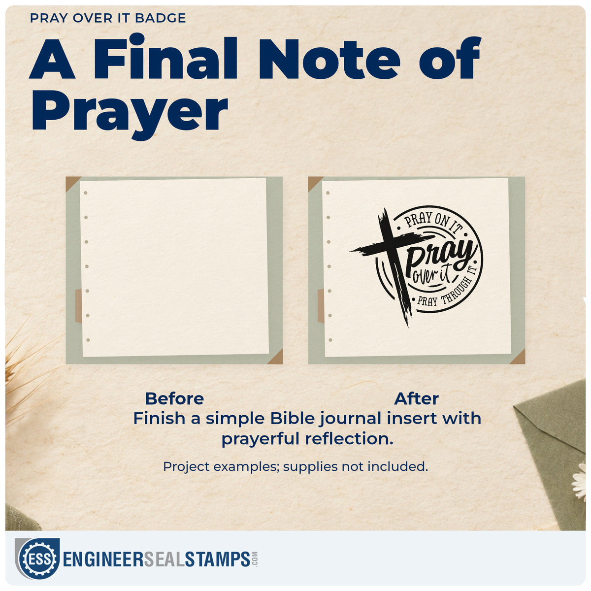 Before and after of a plain item finished with the Pray Over It Emblem Stamp – Duo Hand, a quick upgrade for soup jar lid labels.