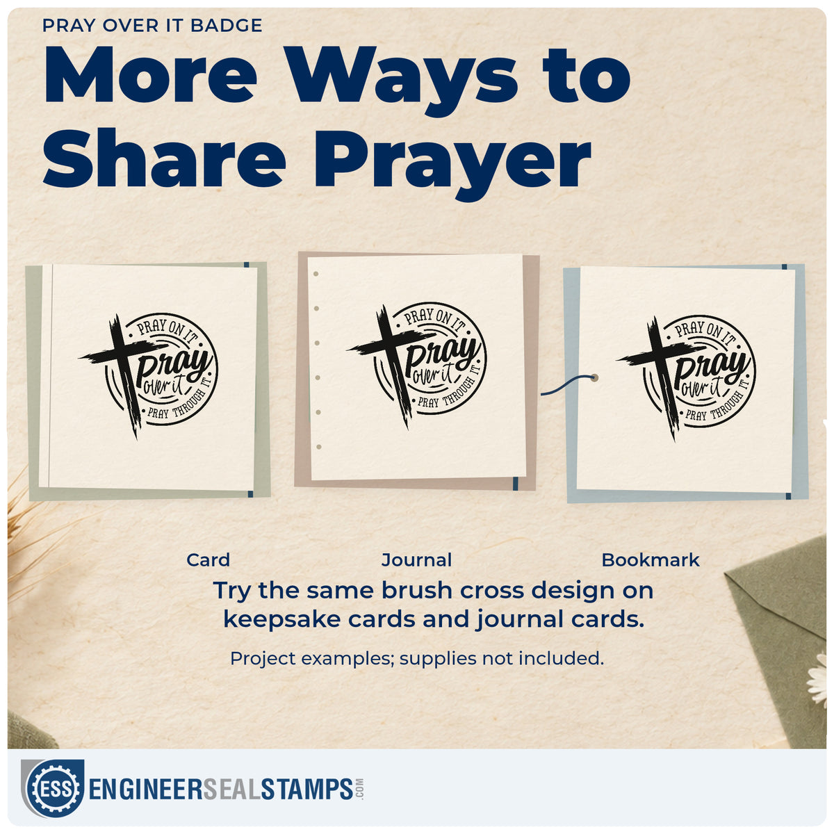 Three project examples made with the Self-Inking Pray Over It Emblem Stamp, including round magnet crafts.