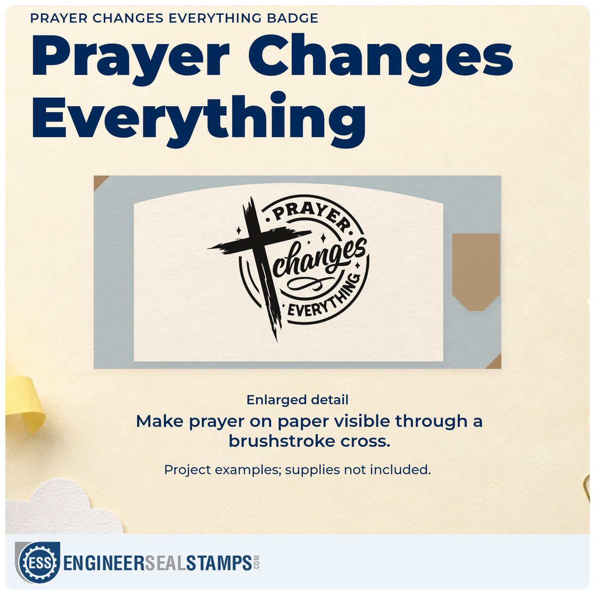 Enlarged detail of the Wood Handle Prayer Changes Everything Badge Rubber Stamp imprint. A brushstroke cross overlaps a circular "Prayer changes everything" design.