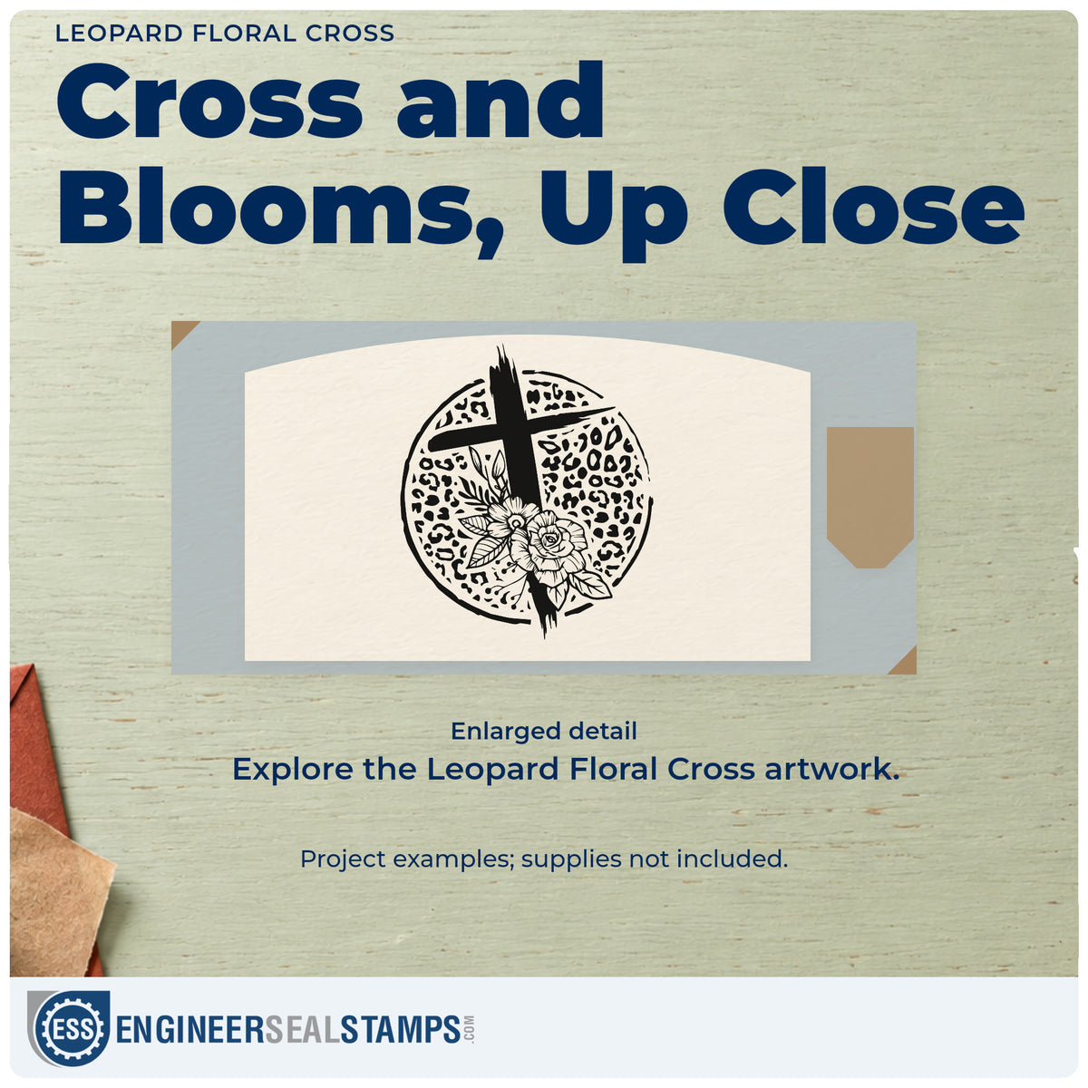 Enlarged detail of the Leopard Floral Cross Stamp - Premium Vintage Pro Wooden imprint. A cross and outlined flowers overlap a circle filled with leopard spots.