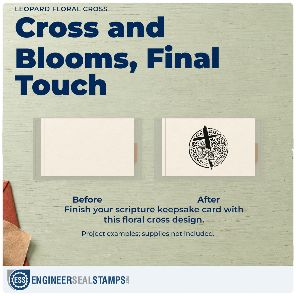 Before and after of a plain item finished with the Leopard Floral Cross Stamp - Premium Vintage Pro Wooden, a quick upgrade for soap bar wraps.