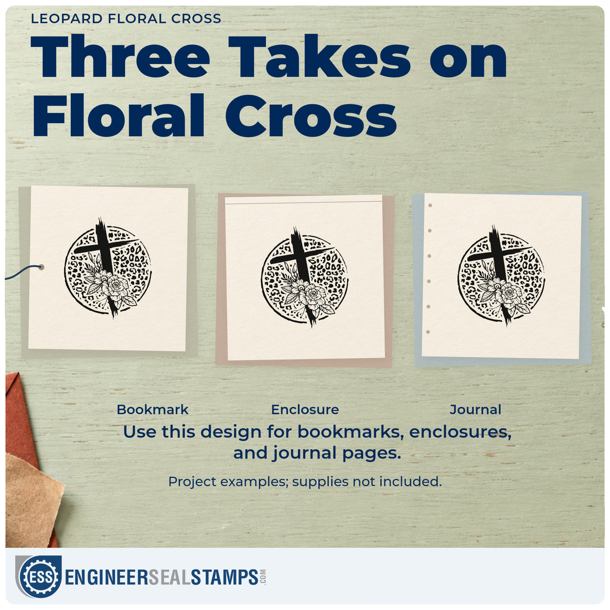 Three project examples made with the Leopard Floral Cross Wood Handle Stamp, including scrapbook corner pages.