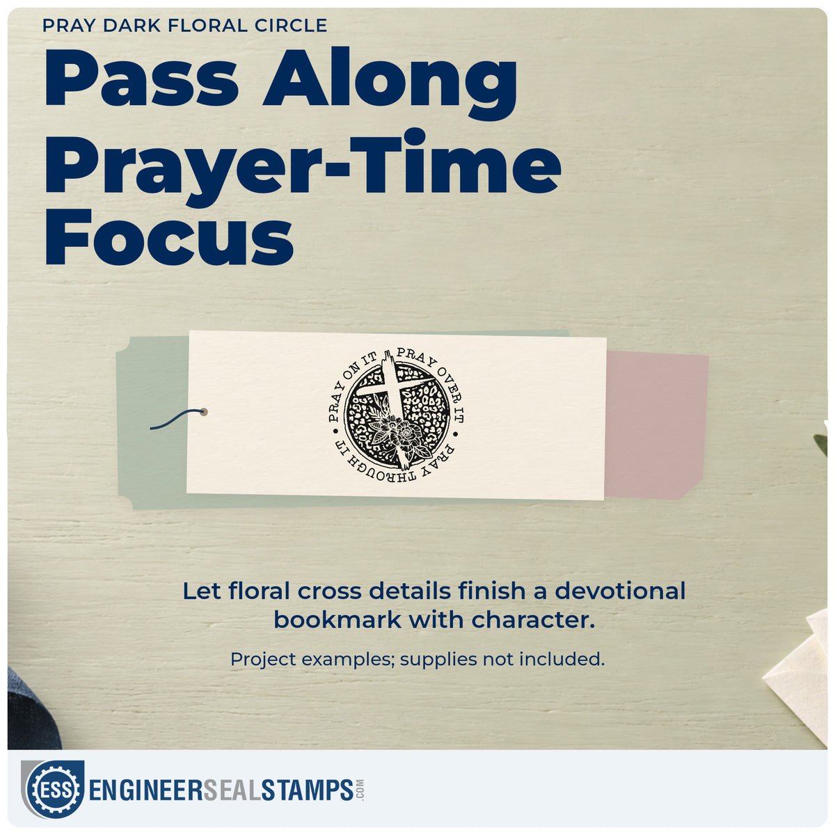 A finished handmade project stamped with the Pray Solid Floral Circle Rubber Stamp – Wood Handle, ideal for black cardstock tags.