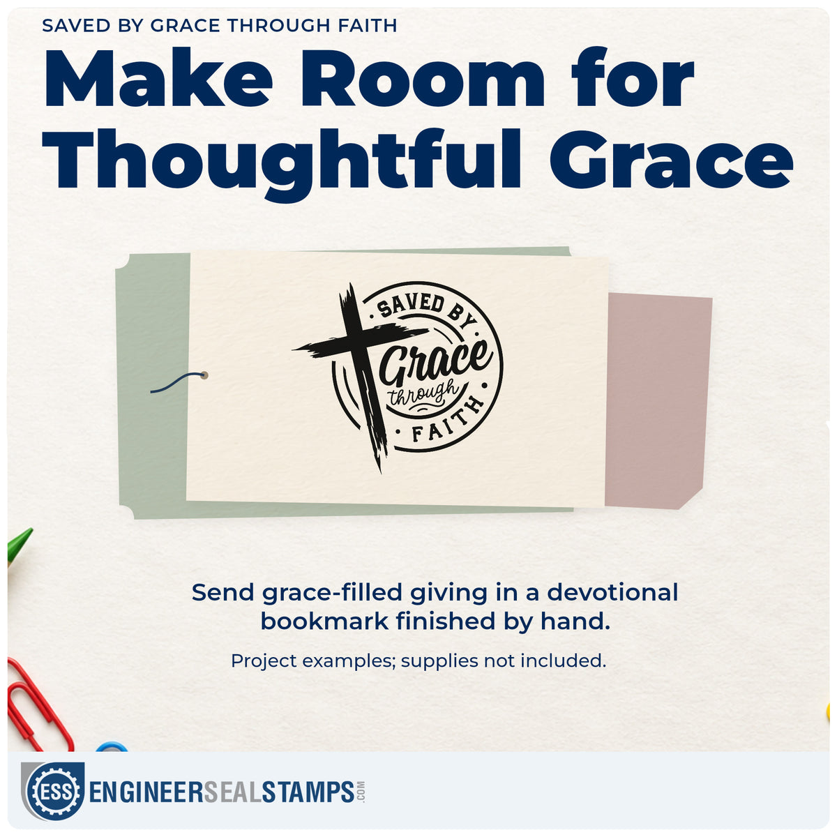 A finished handmade project stamped with the Saved By Grace Through Faith Brushstroke Cross Rubber Stamp – Duo Hand, ideal for baptism towel tags.