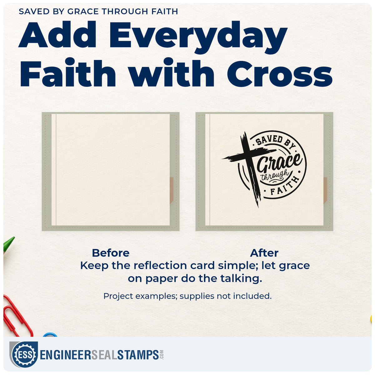Before and after of a plain item finished with the Saved By Grace Through Faith Brushstroke Cross Rubber Stamp – Duo Hand, a quick upgrade for communion cup labels.