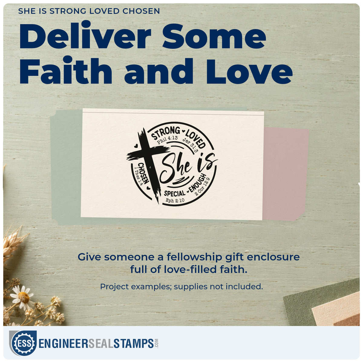 A finished handmade project stamped with the She Is Strong Loved Chosen Hand Stamp – Duo, ideal for women's retreat tags.