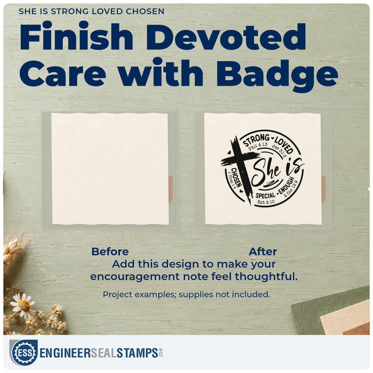 Before and after of a plain item finished with the She Is Strong Loved Chosen Premium Wood-Mounted Stamp - Vintage Pro, a quick upgrade for bible tab labels.