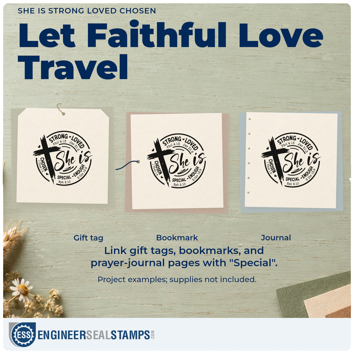 Three project examples made with the She Is Strong Loved Chosen Hand Stamp – Duo, including daughter photo pages.