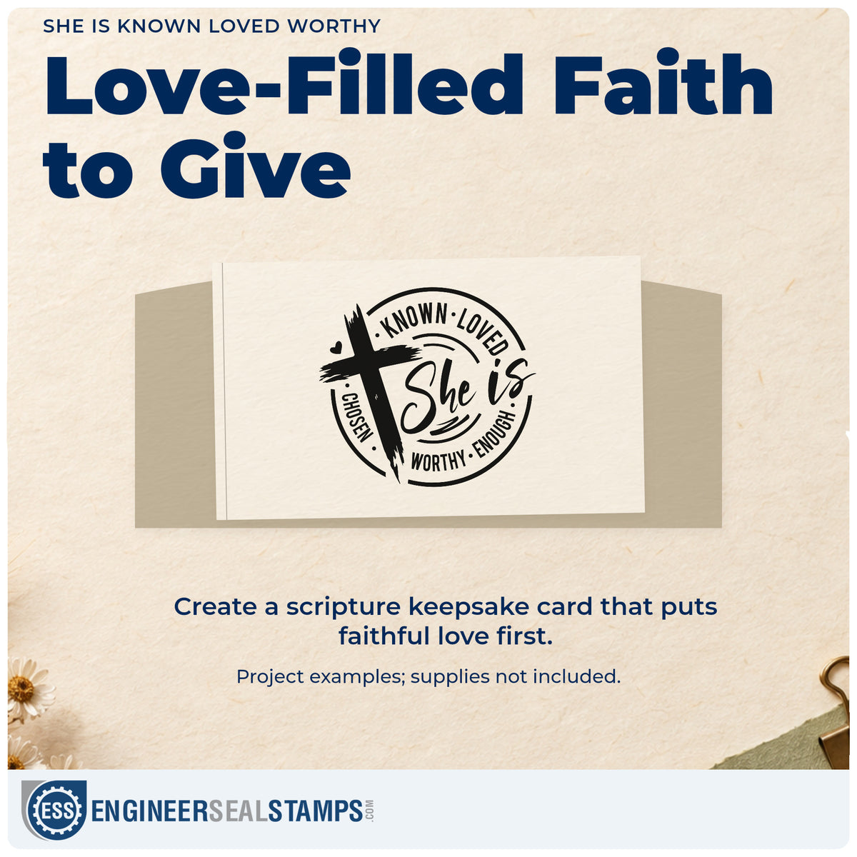 A finished handmade project stamped with the She Is Known Loved Worthy Brushstroke Cross PSI Pre-Inked Stamp, ideal for adoption day tags.