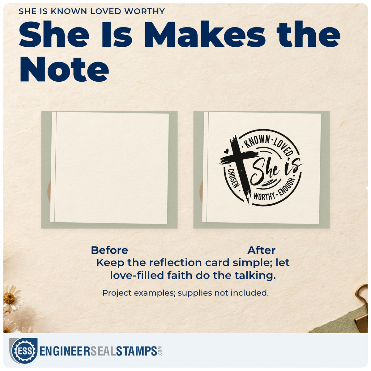 Before and after of a plain item finished with the She Is Known Loved Worthy Brushstroke Cross Stamp – Wood Handle, a quick upgrade for locker mirror labels.