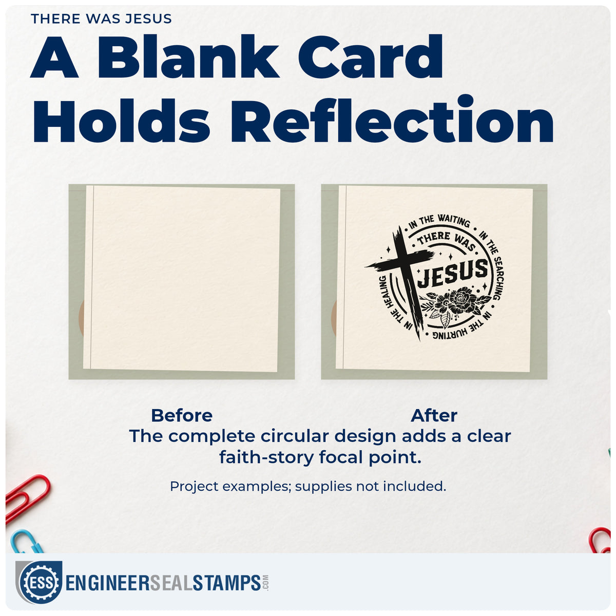 Before and after of a plain item finished with the There Was Jesus Rubber Stamp – Wood Handle, a quick upgrade for memory jar labels.