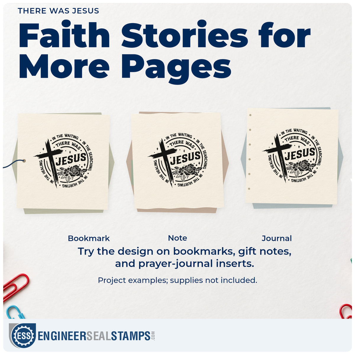 Three project examples made with the There Was Jesus Rubber Stamp – Wood Handle, including grief group bookmarks.