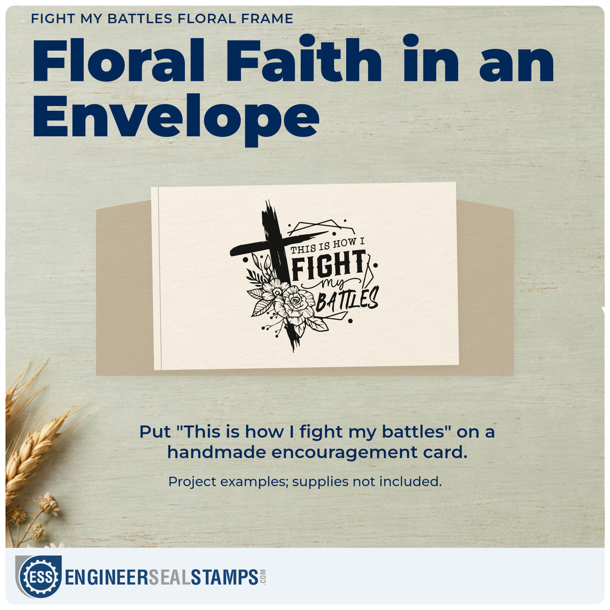 A finished handmade project stamped with the Fight My Battles Floral Frame Self-Inking Craft Stamp, ideal for chemo chair tags.