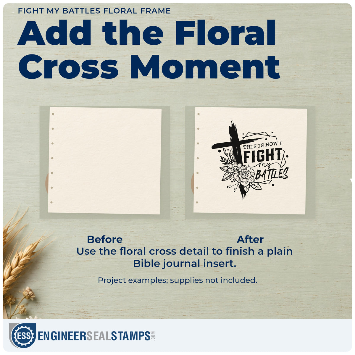 Before and after of a plain item finished with the Fight My Battles Floral Frame Rubber Stamp – Duo Hand, a quick upgrade for warrior candle labels.