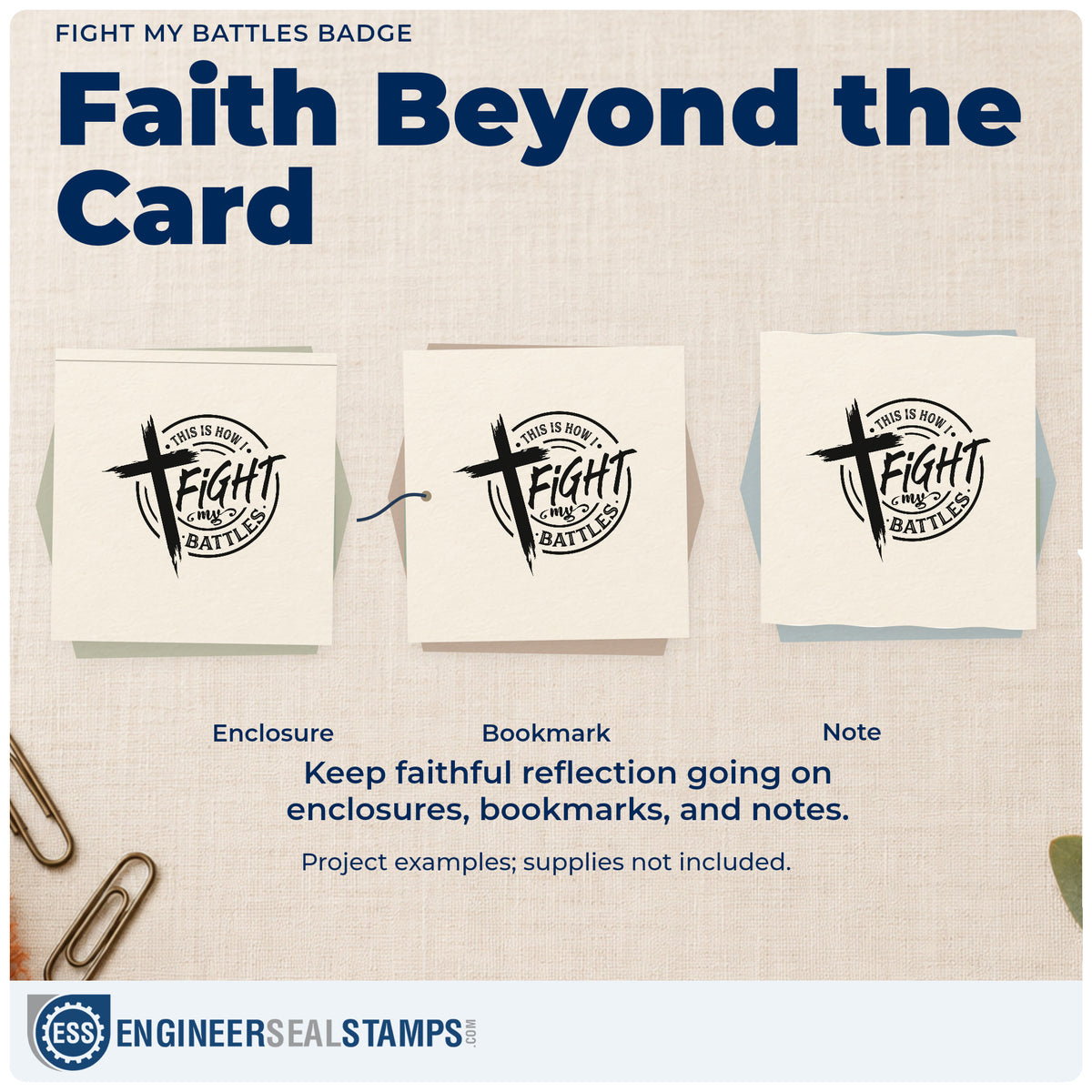Three project examples made with the Fight My Battles Emblem Stamp – Duo Hand, including setlist corner marks.
