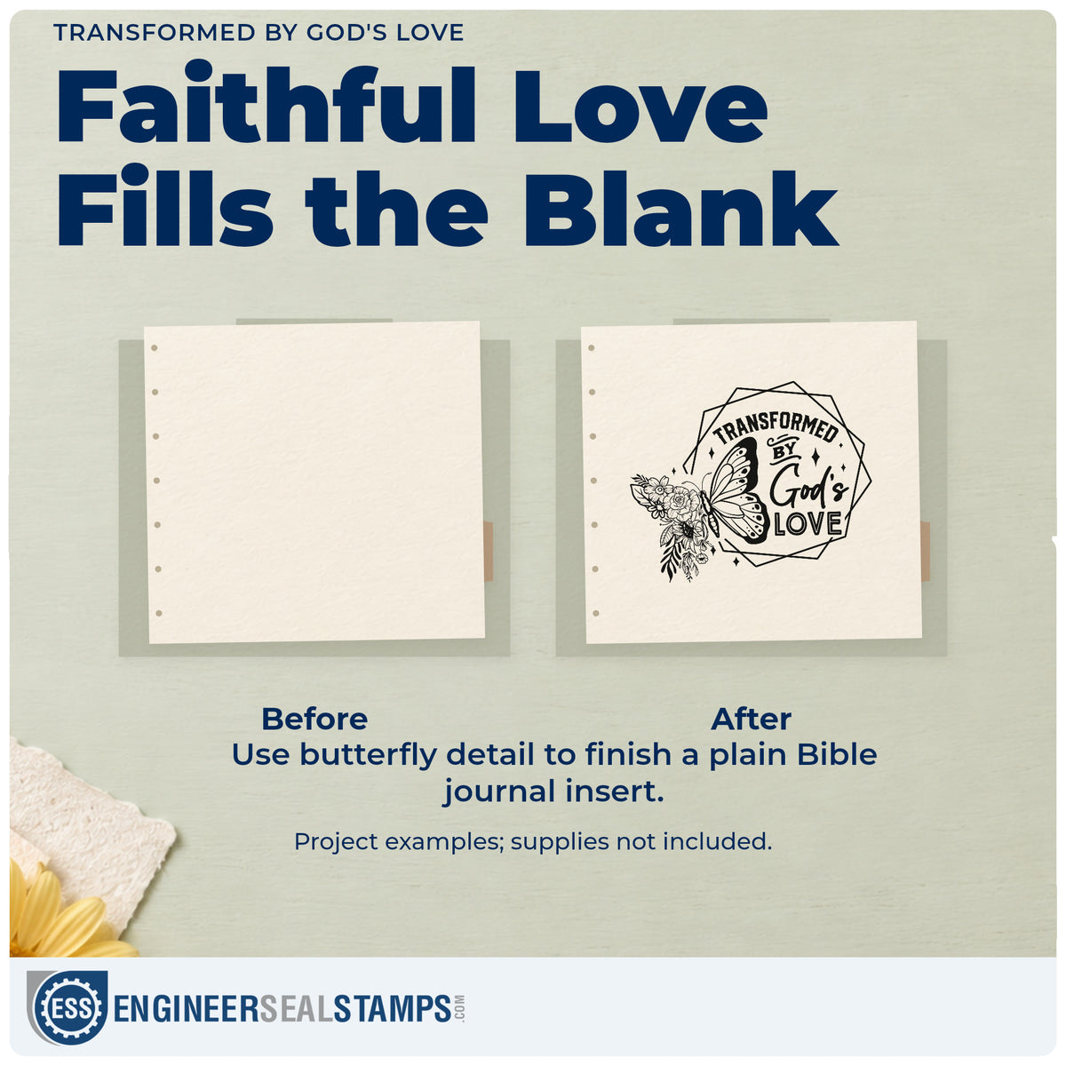 Before and after of a plain item finished with the Transformed By God's Love PSI Pre-Inked Stamp, a quick upgrade for release ceremony labels.
