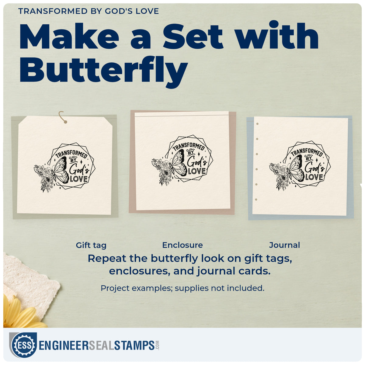 Three project examples made with the Wood Handle Transformed By God's Love Rubber Stamp, including cocoon craft kits.