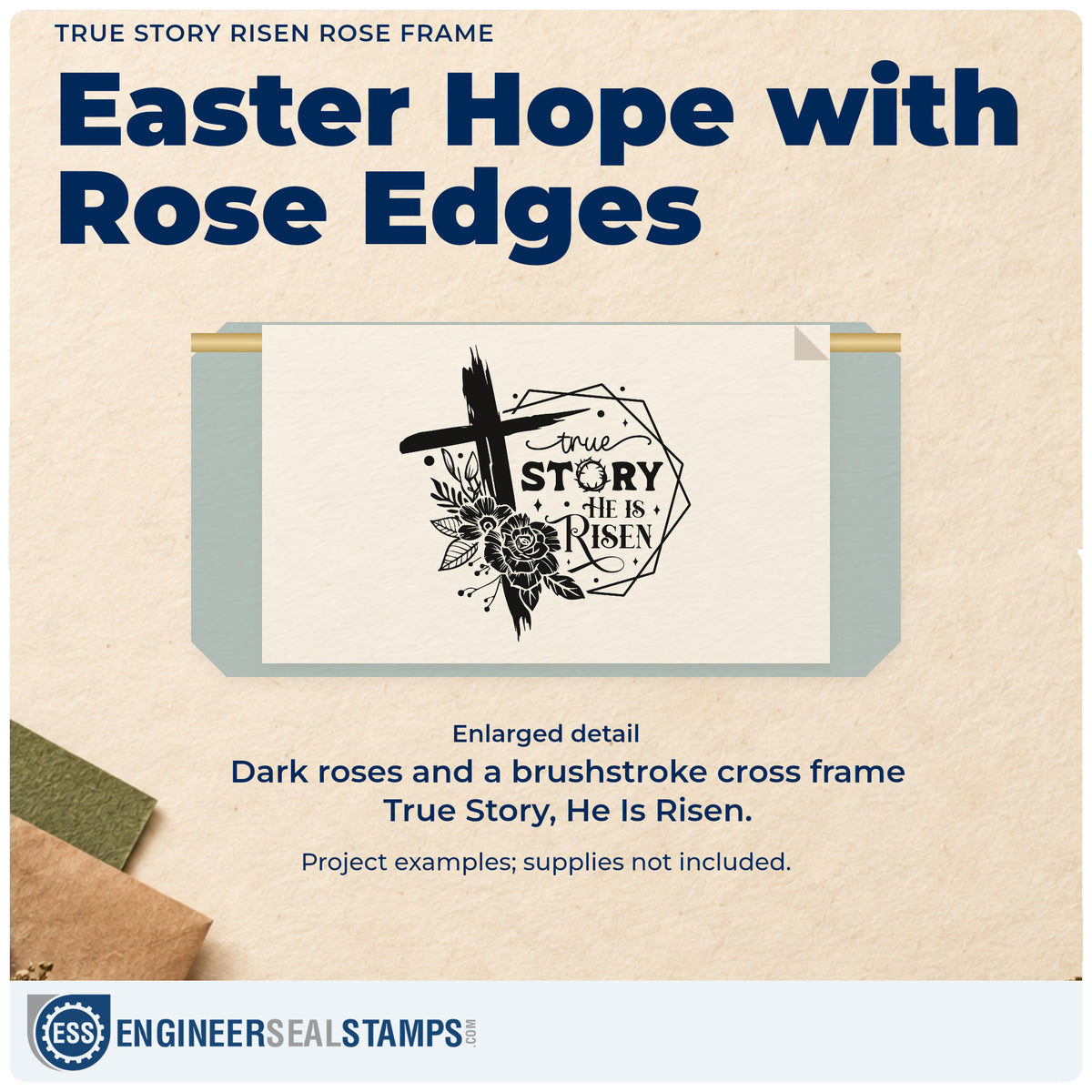 Enlarged detail of the Duo Hand True Story Risen Rose Framed Lettering Rubber Stamp imprint. A brushstroke cross and dark roses overlap a geometric frame reading "True story, he is risen."