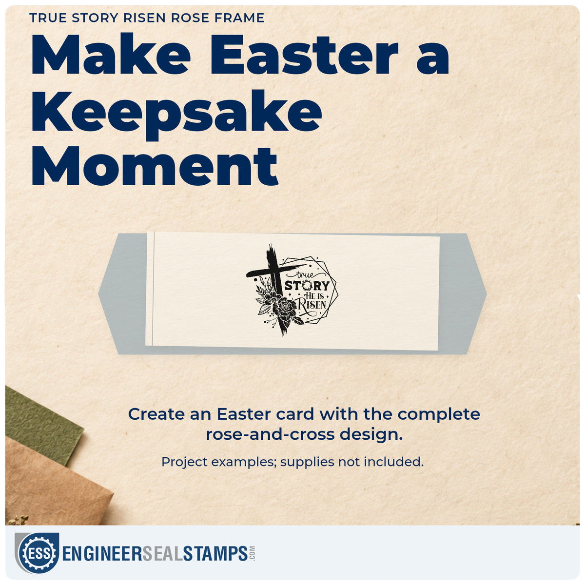 A finished handmade project stamped with the Duo Hand True Story Risen Rose Framed Lettering Rubber Stamp, ideal for easter dinner tags.