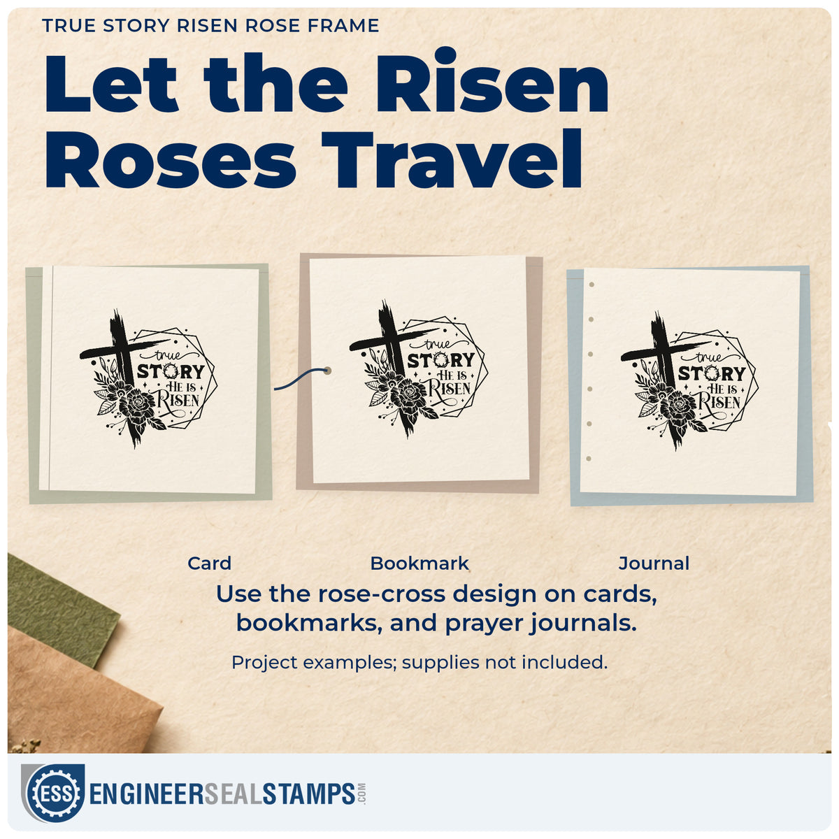 Three project examples made with the Duo Hand True Story Risen Rose Framed Lettering Rubber Stamp, including resurrection bookmarks.