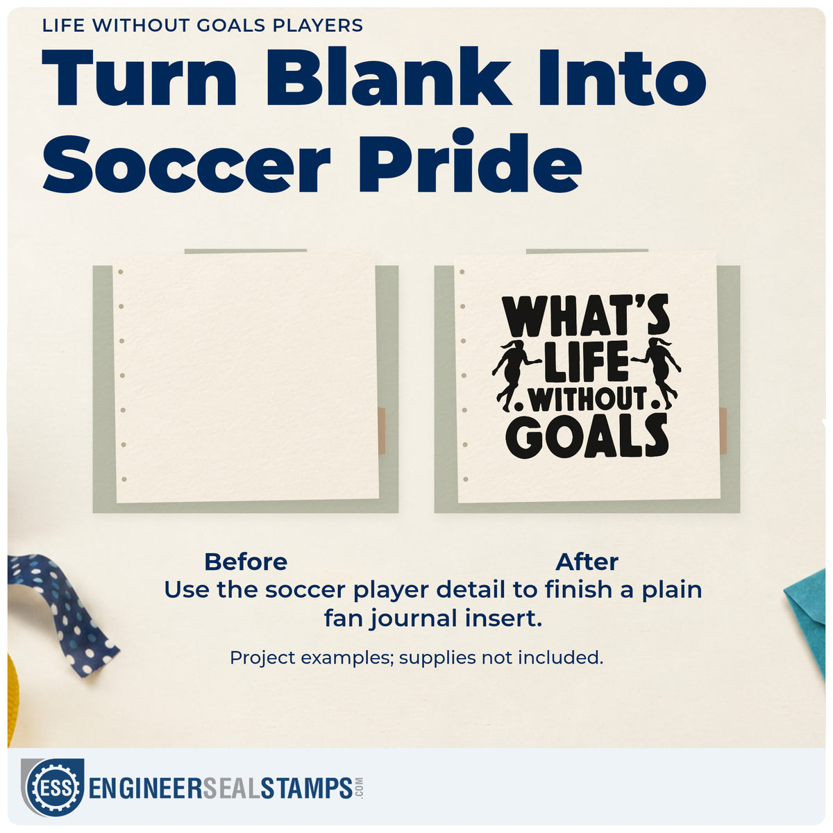 Before and after of a plain item finished with the Life Without Goals Players Hand Stamp – Duo, a quick upgrade for goal-setting journals.