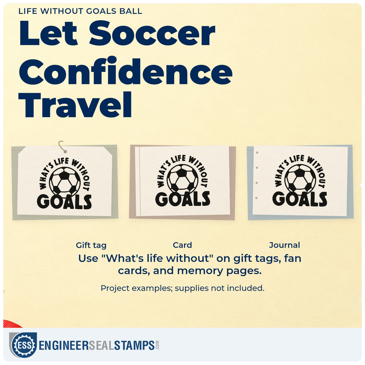 Three project examples made with the Life Without Goals Ball Arch Stamp - Premium Vintage Pro Wooden, including banquet place cards.
