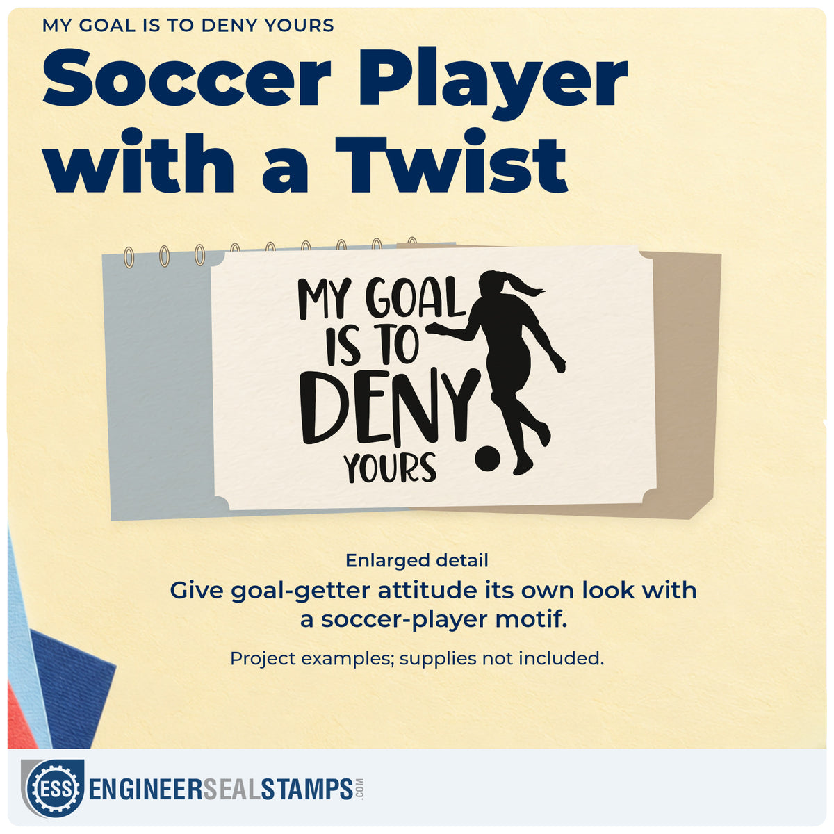 Enlarged detail of the My Goal Is To Deny Yours Rubber Stamp – Duo Hand imprint. A female soccer player silhouette stands beside "My goal is to deny yours."
