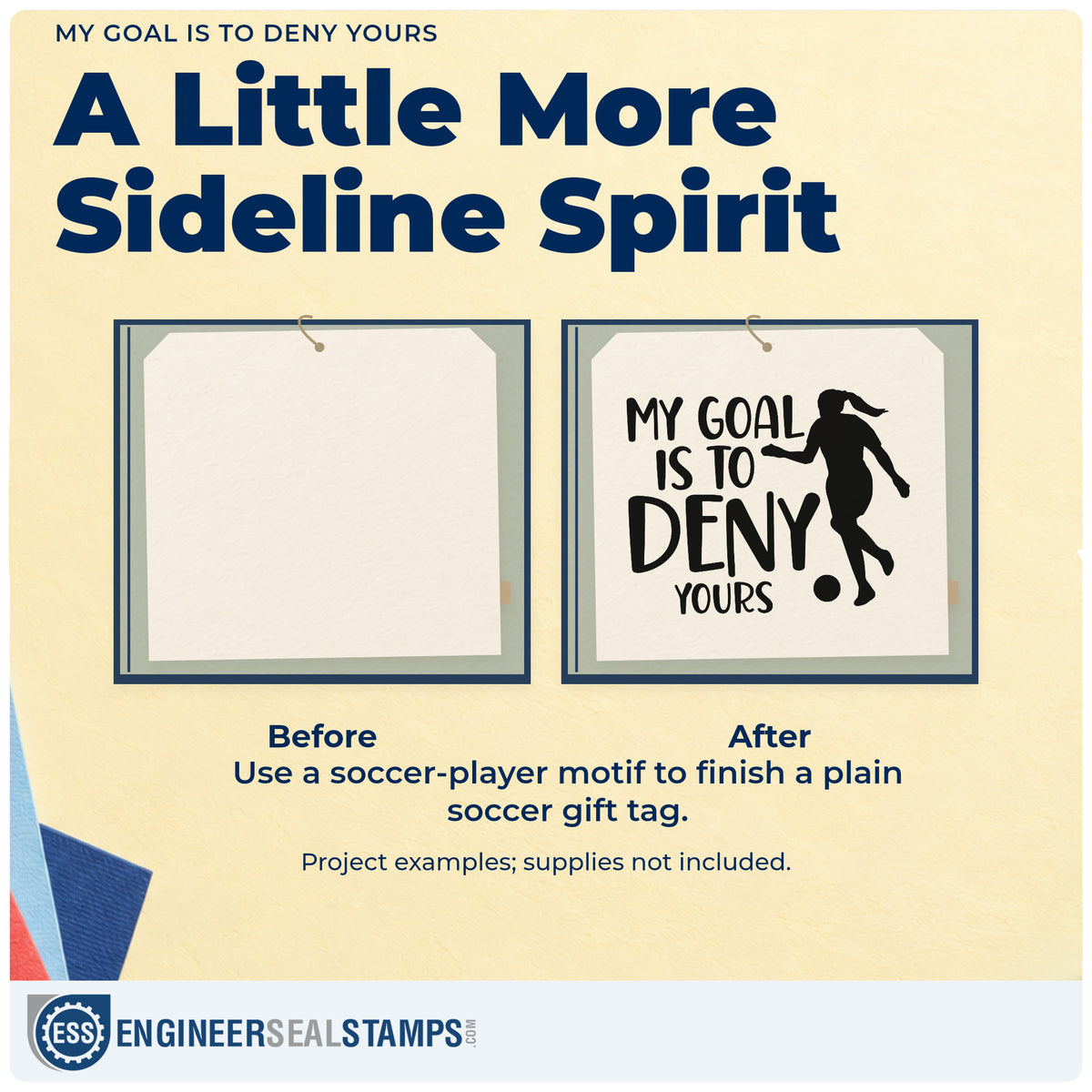 Before and after of a plain item finished with the My Goal Is To Deny Yours Premium Wooden Stamp - Vintage Pro, a quick upgrade for club sticker sheets.