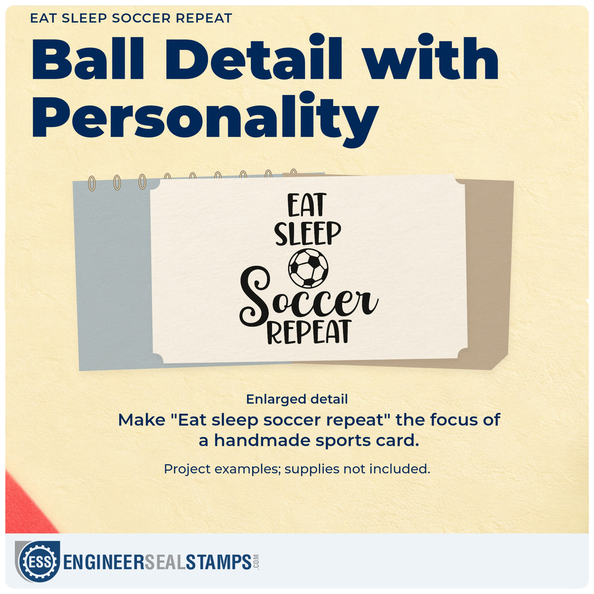 Enlarged detail of the Eat Sleep Soccer Repeat Rubber Stamp – Wood Handle imprint. A small soccer ball sits within stacked "Eat sleep soccer repeat" lettering.