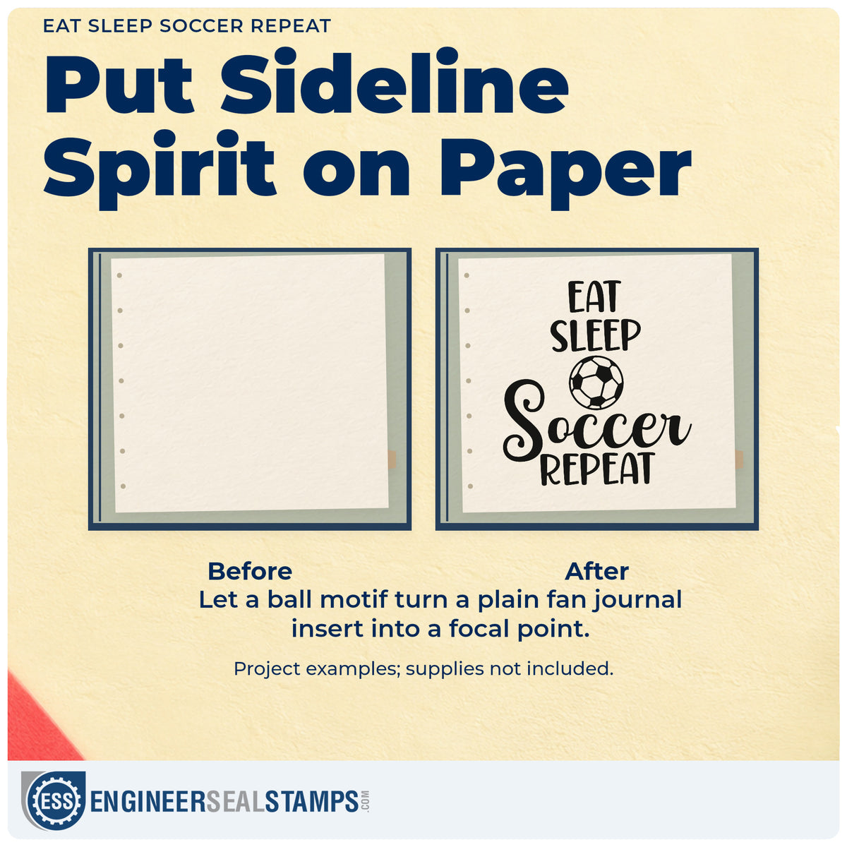 Before and after of a plain item finished with the Eat Sleep Soccer Repeat Slim Pre-Inked Stamp, a quick upgrade for cereal jar labels.