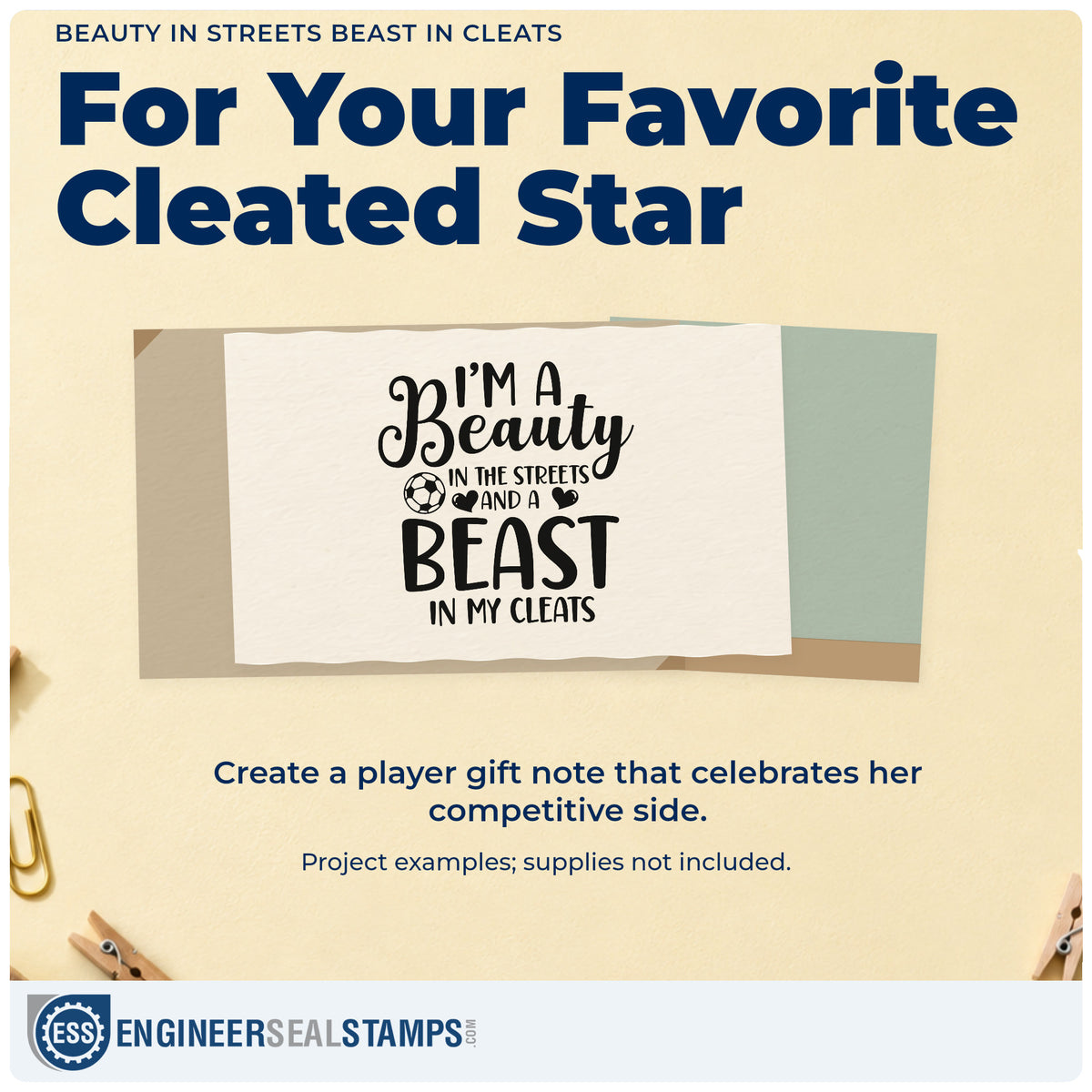 A finished handmade project stamped with the Beauty In Streets Beast In Cleats Self-Inking Craft Stamp, ideal for cleat bag tags.