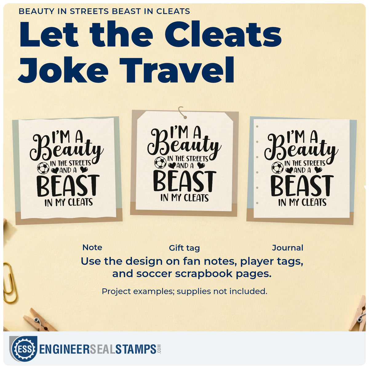 Three project examples made with the Beauty In Streets Beast In Cleats Self-Inking Craft Stamp, including makeup pouch labels.