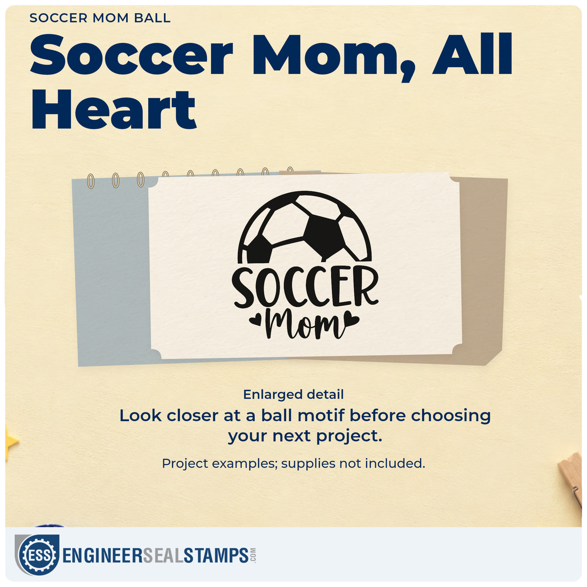 Enlarged detail of the Soccer Mom Ball Wood-Mounted Rubber Stamp imprint. A large partial soccer ball sits above "Soccer mom," with heart accents.