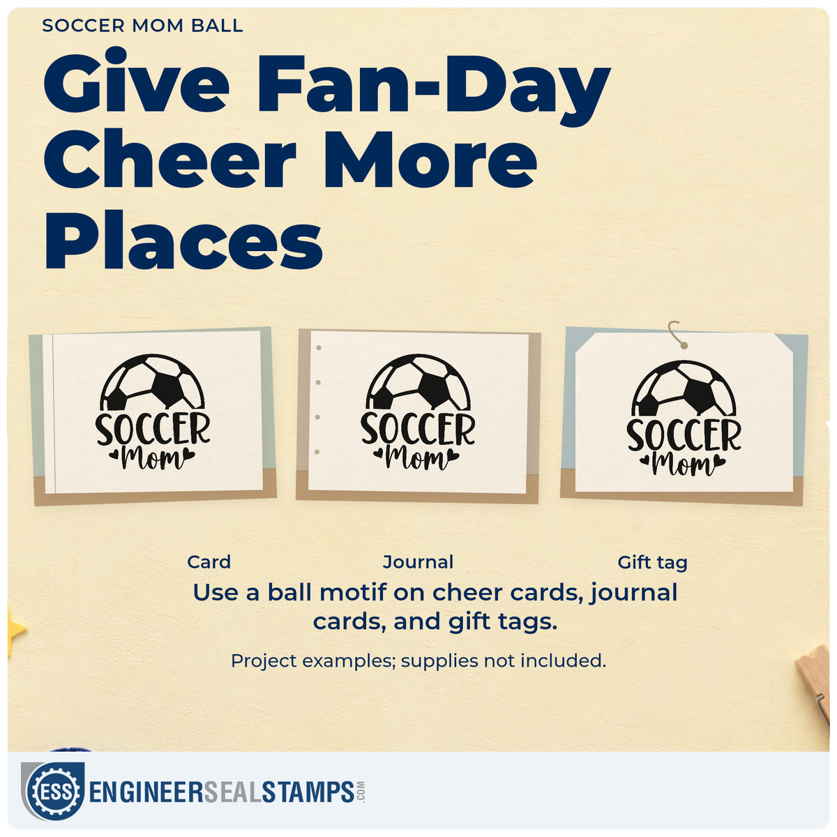 Three project examples made with the Soccer Mom Ball Wood-Mounted Rubber Stamp, including snack bin labels.