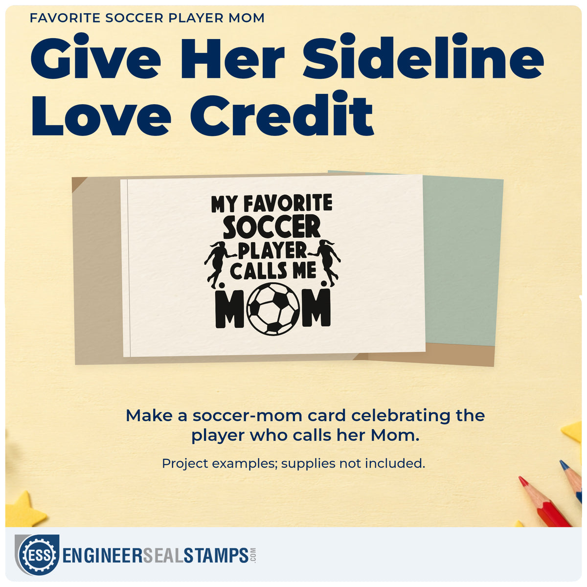 A finished handmade project stamped with the Favorite Soccer Player Mom Slim Pre-Inked Stamp, ideal for sibling match tags.