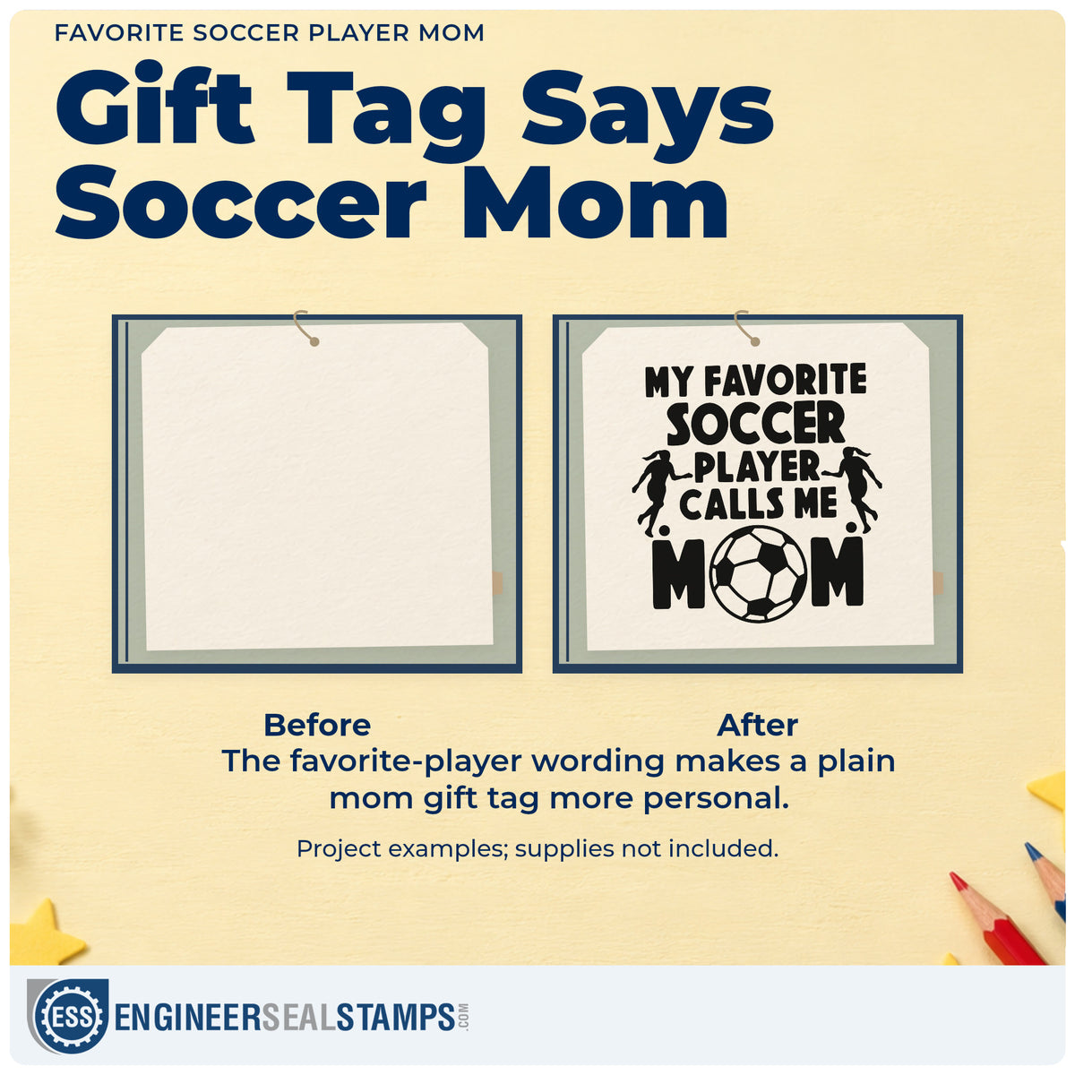 Before and after of a plain item finished with the Premium Wooden Favorite Soccer Player Mom Stamp - Vintage Pro, a quick upgrade for award night labels.