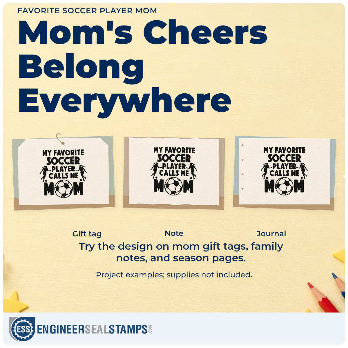Three project examples made with the Premium Wooden Favorite Soccer Player Mom Stamp - Vintage Pro, including team photo mats.
