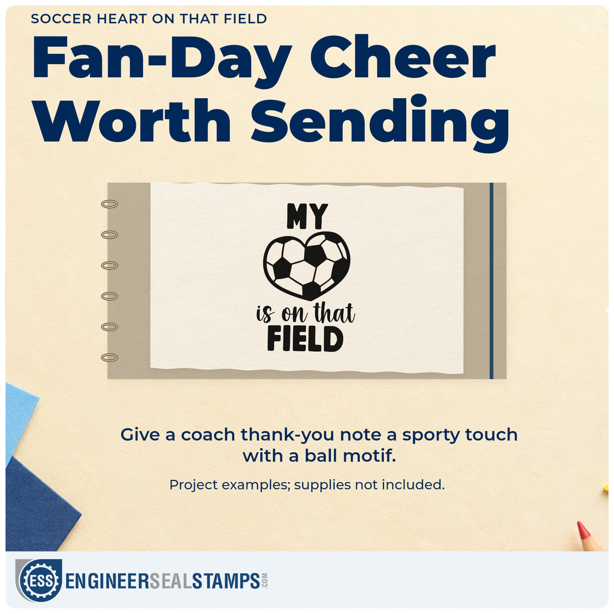 A finished handmade project stamped with the My Heart On The Soccer Field Premium Wood-Mounted Stamp - Vintage Pro, ideal for senior night tags.