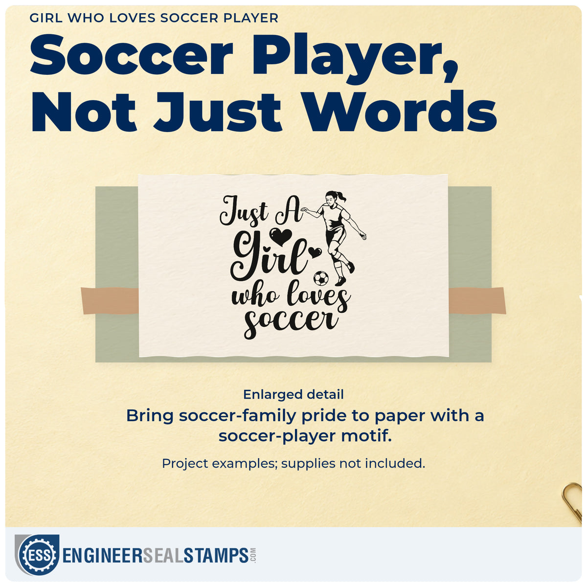 Enlarged detail of the Girl Who Loves Soccer Player With Hearts Slim Pre-Inked Stamp imprint. An illustrated soccer player and hearts accompany "Just a girl who loves soccer."