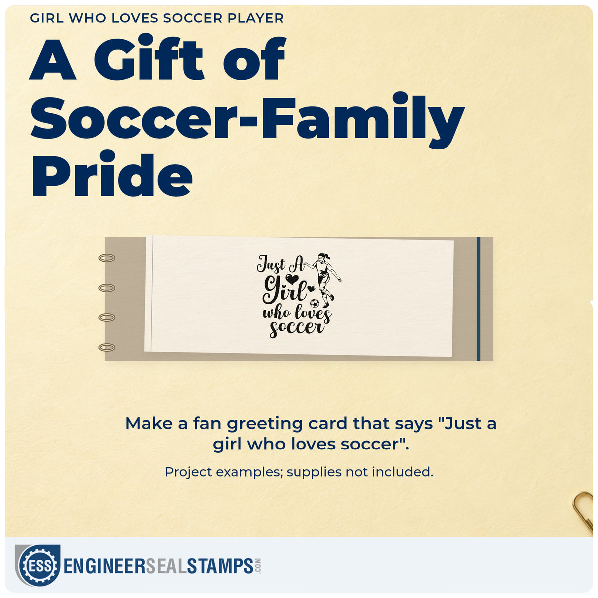 A finished handmade project stamped with the Girl Who Loves Soccer Player With Hearts Self-Inking Stamp, ideal for birthday party tags.