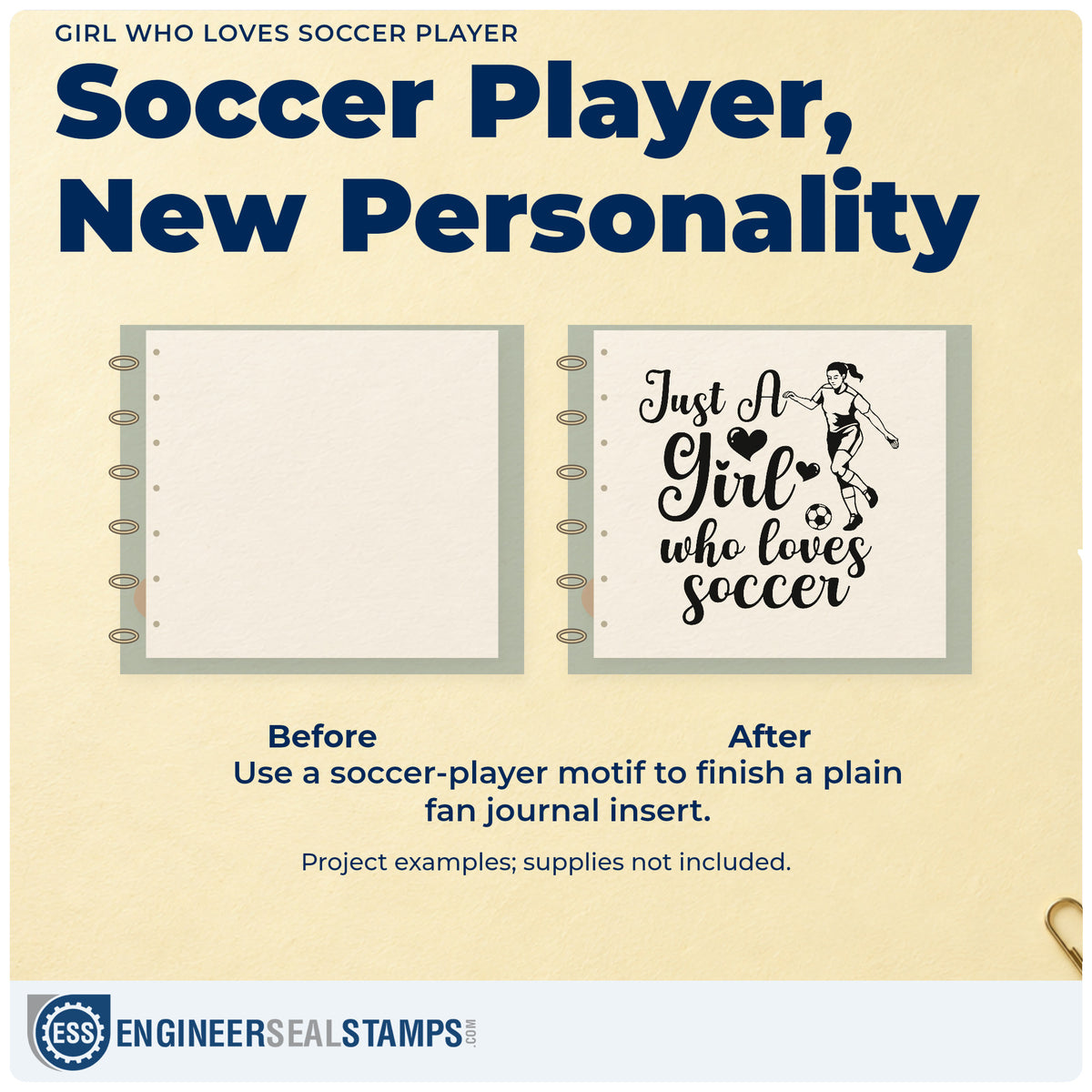 Before and after of a plain item finished with the Girl Who Loves Soccer Player With Hearts Self-Inking Stamp, a quick upgrade for craft fair sign cards.
